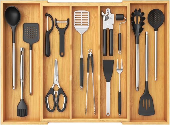 Lifewit Utensil Organizer for Kitchen Drawer, Expandable Cooking Utensil Tray, Bamboo Cutlery Silverware Flatware Holder, Adjustable Spatula Tools Gadget Storage Divider, 28 x18.5 x 2 inches, Natural