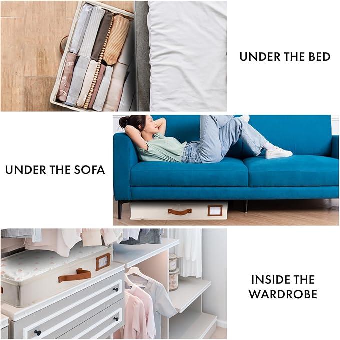 HOMELUX THEORY 2pc Under Bed Storage Containers, Bedroom Under the Bed Drawer Storage Organizer with Bins and Lids, Medium Underbed Clothes Storage Box Ideal for Blanket, Fabric, & Shoes (Ivory)