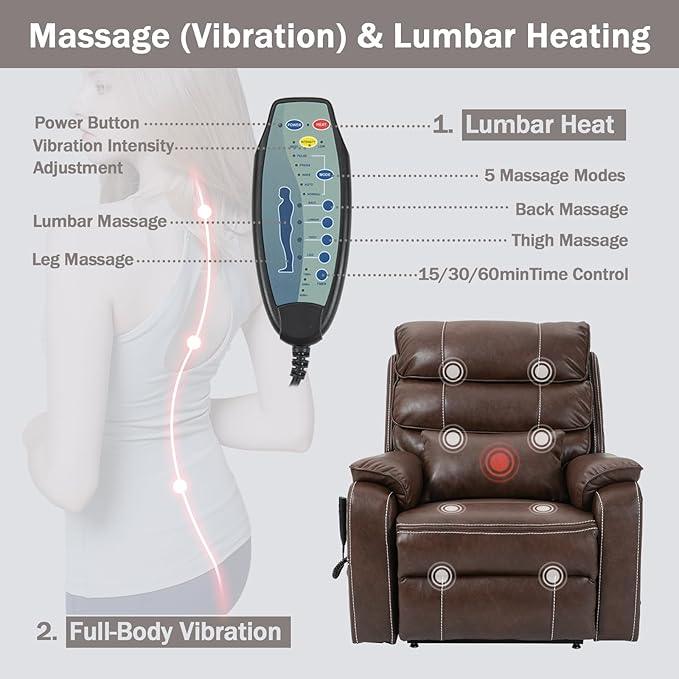 Power Lift Recliner Chair for Adults Elderly Lay Flat Leather Recliners with Massage Heating, Extended Footrest, Wireless Charging Device, USB Ports, Cup Holder, Lumbar Pillow, Up to 400LBS