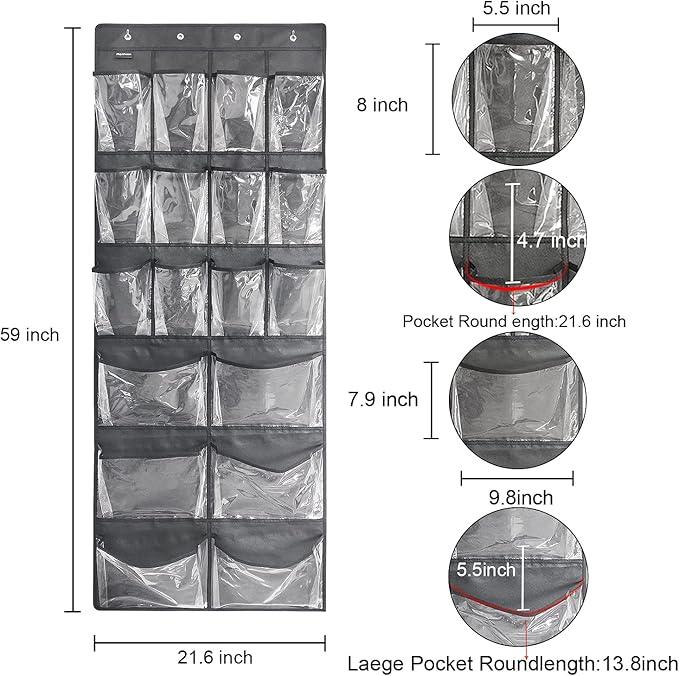 Extra Large Hanging Over Door Shoe Organizer, Closet Shoe Rack - 12+6 Crystal Pockets, 4 Hooks, Black (59