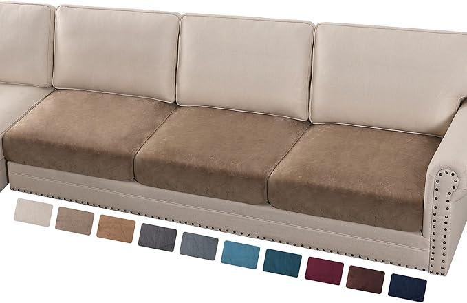 PrinceDeco Velvet Stretch Couch Cushion Cover Soft Cushion Slipcover for Chair Loveseat Sofa Cushion Furniture Protector Seat Cushion Sofa Cover (3 Piece XL Sofa Cushion Covers, Taupe)