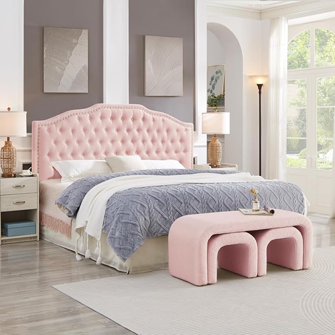 24KF Upholstered Button Tufted King Size Headboard with Nailhead Trim, Elegant Boucle Fabric California King headboard, 6031-K-Boucle-Pink