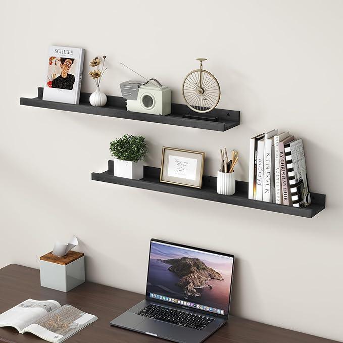 Picture Ledge Shelf for Wall, 36 inch Solid Pine Wood Nursery Book Shelves 2 Packs, Floating Ledge Shelves for Kids' Room Bedroom Bathroom Living Room Photo Frames Office Nursey Wall Decor, Black