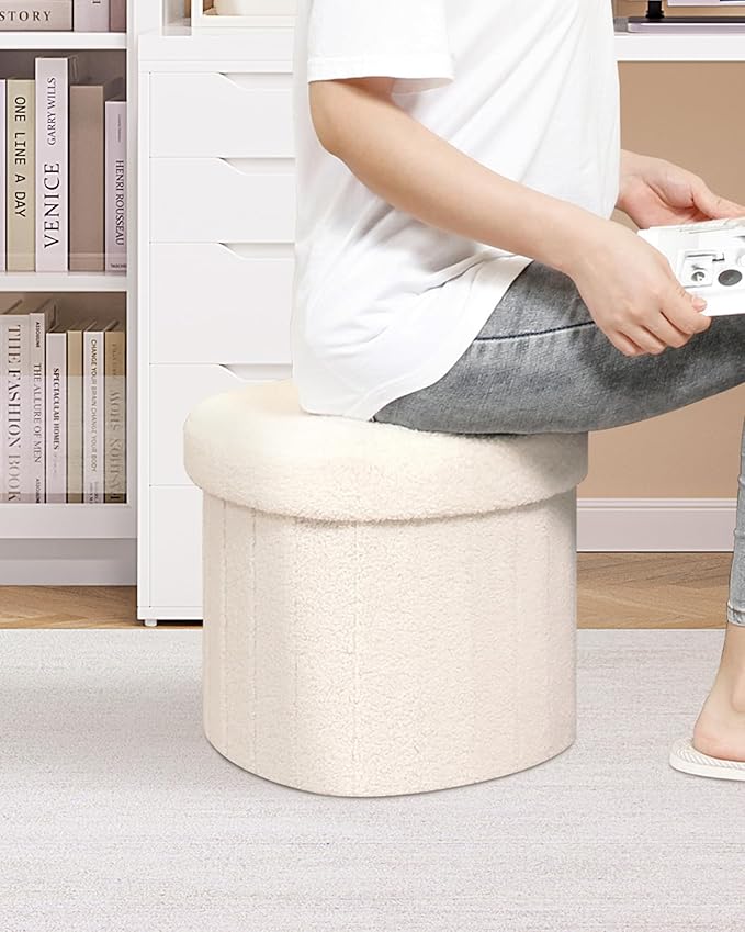 B FSOBEIIALEO Storage Ottoman Cube, Heart Shaped Ottomans with Storage Foot Stool Footrest for Lving Room, Boucle Ottoman Seat for Dorm Room,Faux Teddy Fur, Cream White 15