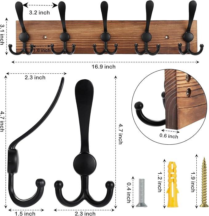 2pcs Coat Rack Wall Mount Wooden Hat Rack for Wall Hooks Pine Real Wood Plank 16.9