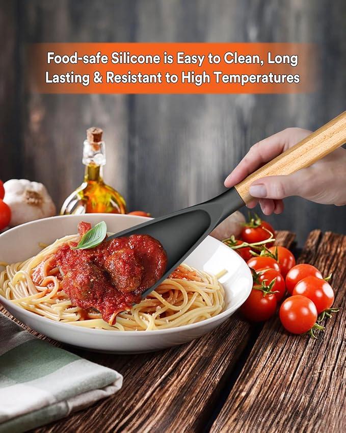 Multifunction Spatula Spoon for Nonstick Cookwares, Great for Cooking and Serving, Sturdy BPA-Free Matte Silicone, Wood Handle Spatula for Mixing, Scoop, and Scrape, Grey(2 pack,11.4