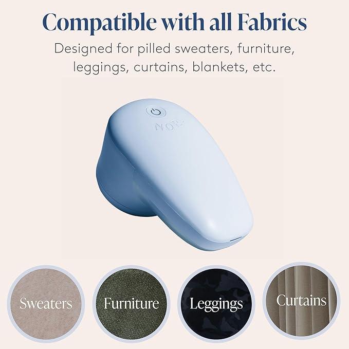 Nori Trim Fabric Shaver - Lint Remover for Clothes & Furniture Couch Pilling - Sweater Pill Remover - Clothes Shaver with 6 Precision Blades - Wireless and Rechargeable - Blue