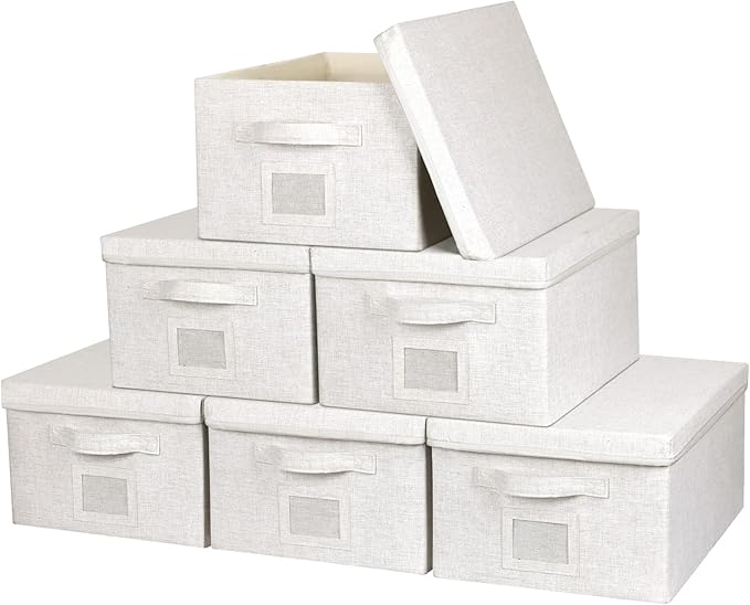 Large 17''x12'' Quart Collapsible Stackable Storage Bins with Lids, 6 Packs Off White Fabric Closet Boxes with Lids, Storage Cube Baskets Container Organizers for Bedroom Office(17''x12.2x''8'')