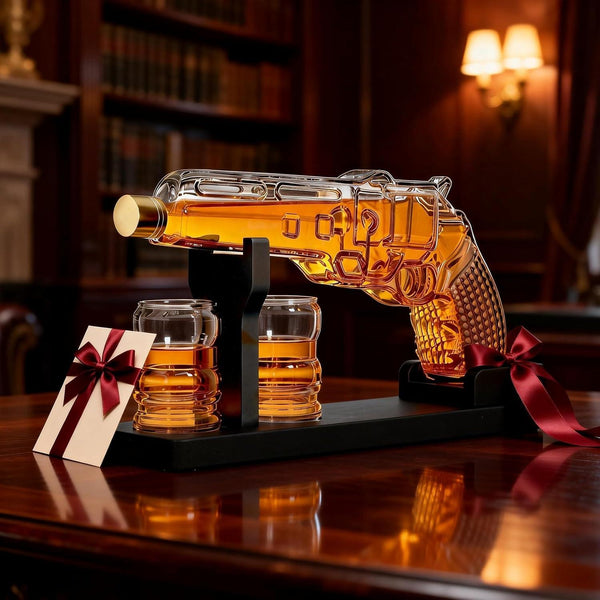 Whiskey Decanter Set 7.7 Oz with Two 1.6 Oz Shot Glasses | Pistol Gun Unique Birthday Gift Ideas For Son, Gifts for Men Dad, Home Bar Gifts, Drinking Accessories Funny Military Present Cool Dispenser