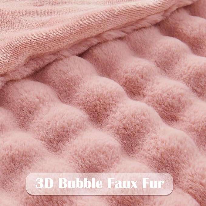 NEWCOSPLAY Faux Fur Throw Blanket Pink Bubble Blanket Thick Warm Soft for Couch Sofa Bed 550GSM (Pink, Throw(50