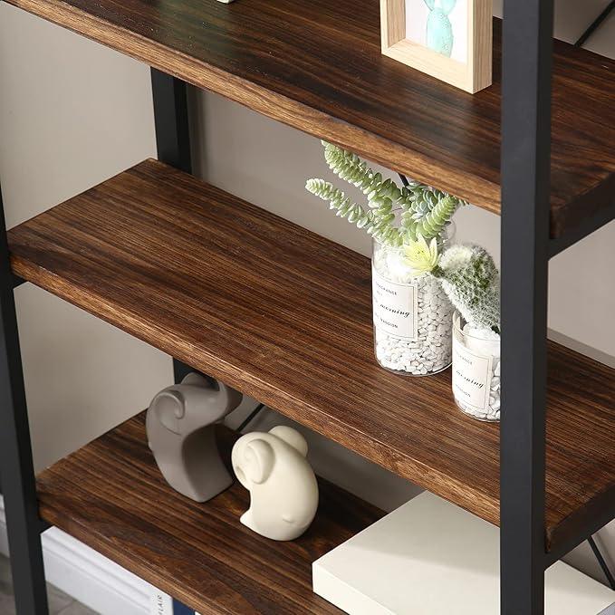 5 Tier Bookcase, Solid Wood Bookshelf Rustic Vintage Industrial Etagere Bookcase, Metal and Wood Free Vintage Bookshelf, Retro Brown (Real Wood) (5-Tiers)