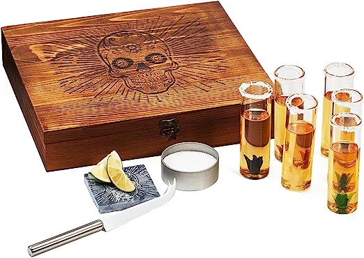 Tequila Shot Glass & Salt Gift Set for Men & Women | Six Agave Shot Glasses, Knife For Limes, One Skull Coaster, One Salt Tin | Skeleton Mahogany Wood Box Package For Tequila, Liquor Lovers