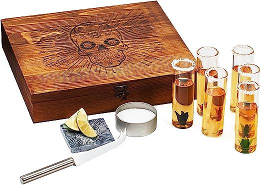 Tequila Shot Glass & Salt Gift Set for Men & Women | Six Agave Shot Glasses, Knife For Limes, One Skull Coaster, One Salt Tin | Skeleton Mahogany Wood Box Package For Tequila, Liquor Lovers