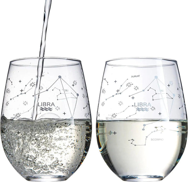 Set of 2 Zodiac Sign Wine Glasses with 2 Wooden Coasters by The Wine Savant - Astrology Drinking Glass Set with Etched Constellation Tumblers for Juice, Water Home Bar Horoscope Gifts 18oz (Libra)