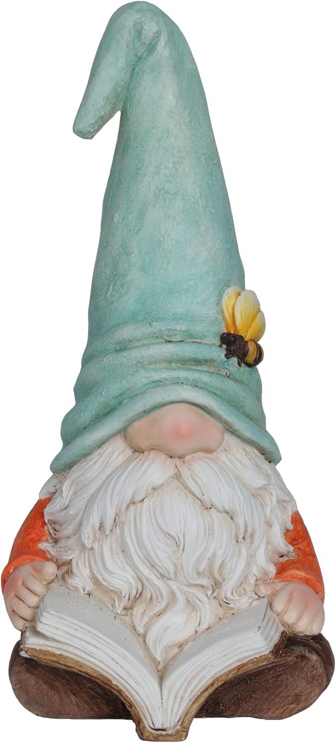 Alpine Corporation MCC844 Indoor/Outdoor Gnome Reading a Book Garden Statue, Charming Gnome Statue with Hat, 20