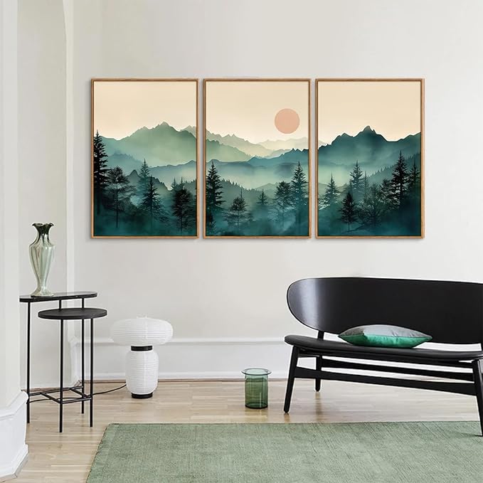 SIGNINART Large Mountain Framed Canvas Wall Art Set, Abstract Misty Forest Wall Decor, Foggy Nature Pine Tree Wall Painting, Modern Boho Sunrise Art Prints for Bedroom Living Room and Office 24