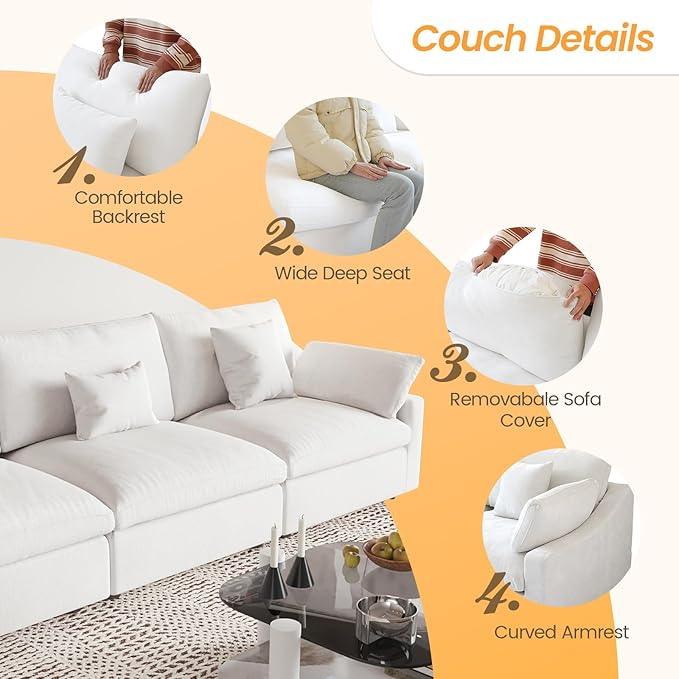 JACH Sectional Couches for Living Room, 3 Seater Cloud Sectional Couch with Deep Seat, Down Filled Modular Sofa, Covers Removeable & Washable, Sofas Furniture for Living Room, White