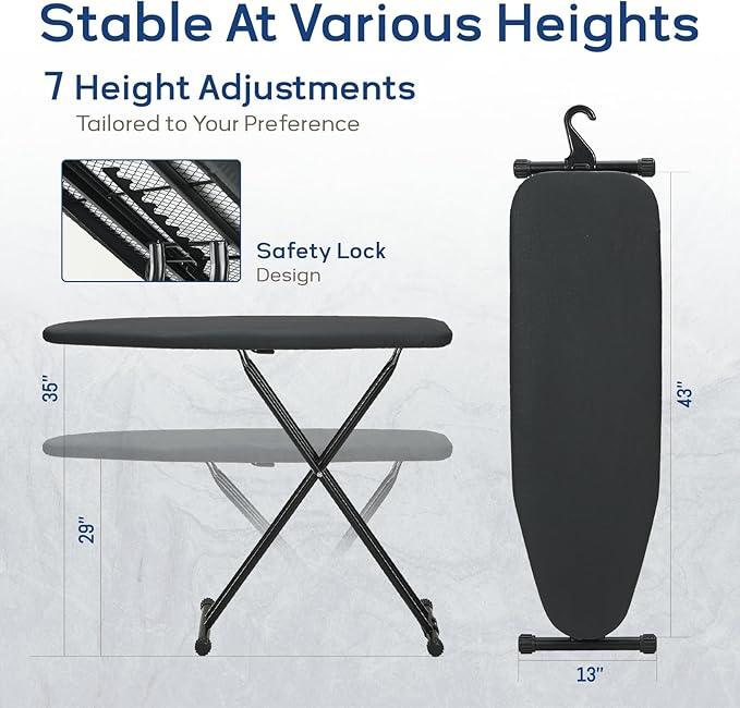 Ironing Board 43x13 with Iron Rest, RAINHOL Compact Iron Board Full Size with Thick Cover and Pad, Easy Storage Hanger with Heat-Resistant Silicone Pad, Space Saving and Height Adjustable, Black