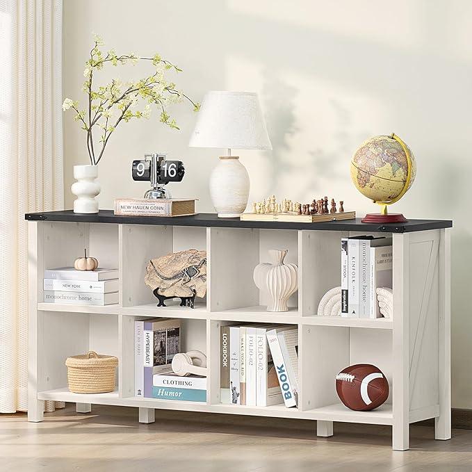 8 Cube Book Shelf, Farmhouse Wood Long Storage Organizer Bookcase, 62