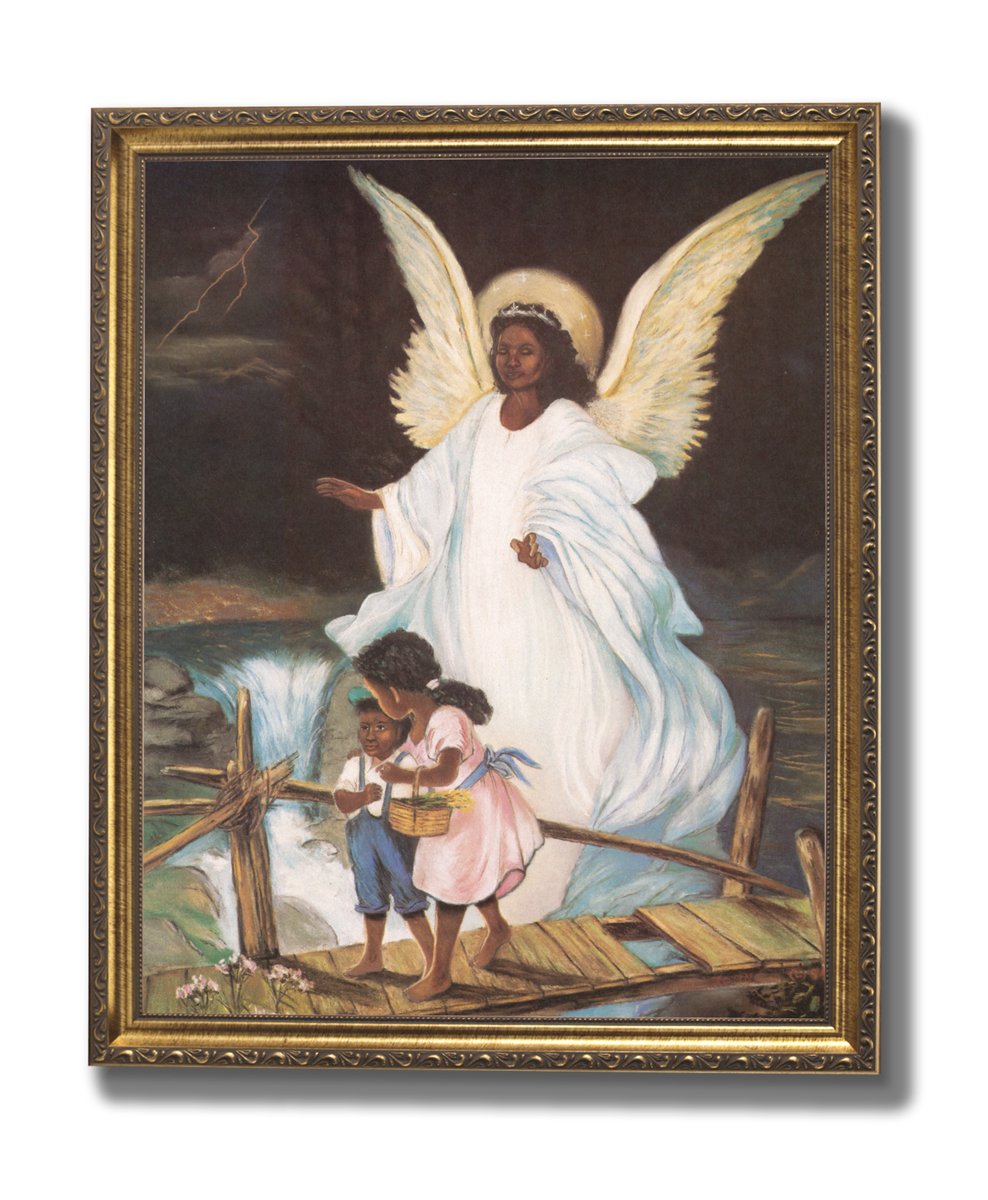 Guardian Angel Art Print – African American Religious Wall Decor 16x20 Gold Frame