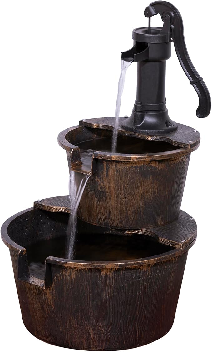 Alpine Corporation 2-Tiered Barrel and Pump Water Fountain – Bronze Finish, Relaxing Water Flow, Ideal for Garden, Patio, & Yard Décor, 27