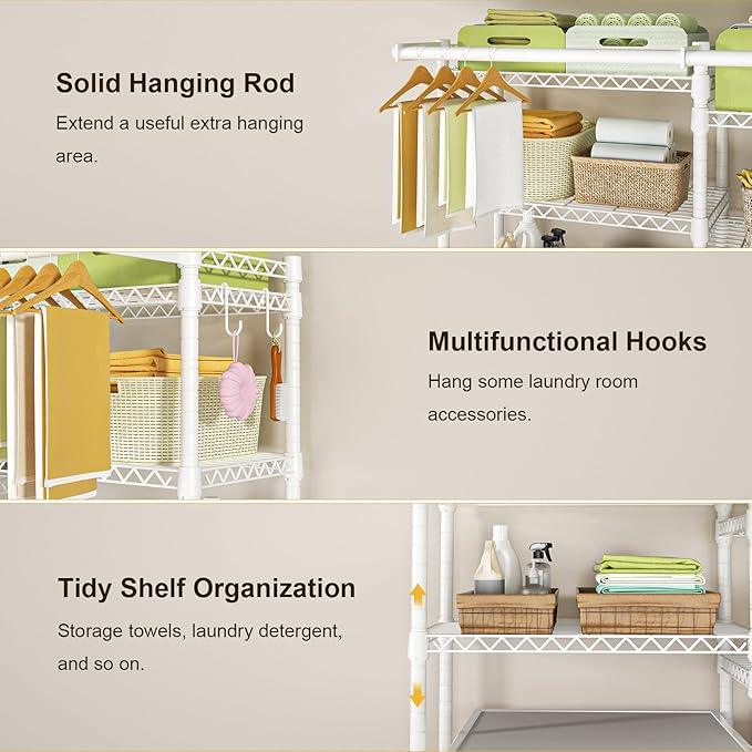Ulif U13 Over Washer and Dryer Storage Shelves, 6 Tiers Laundry Room Standing Shelf with 2 Hanger Rods, Space Saver Clothes Drying Rack, 63.4