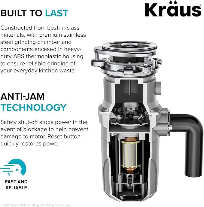 KRAUS® WasteGuard™ High-Speed 1/2 HP Continuous Feed Ultra-Quiet Motor Garbage Disposal with Power Cord and Flange Included and Universal Mount