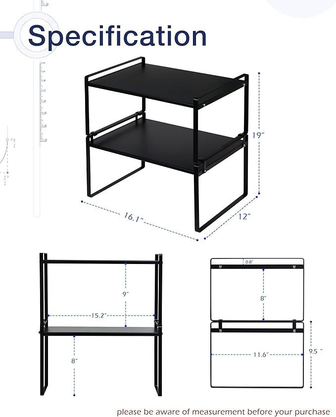 Nxconsu 2Pack Cabinet Shelves Stackable Shelf Organizer Rack Riser for Kitchen Cabinet Pantry Cupboard Counter Countertop Home Organization Storage Space Saver Heavy Duty Metal Nonslip Black Wide Tall