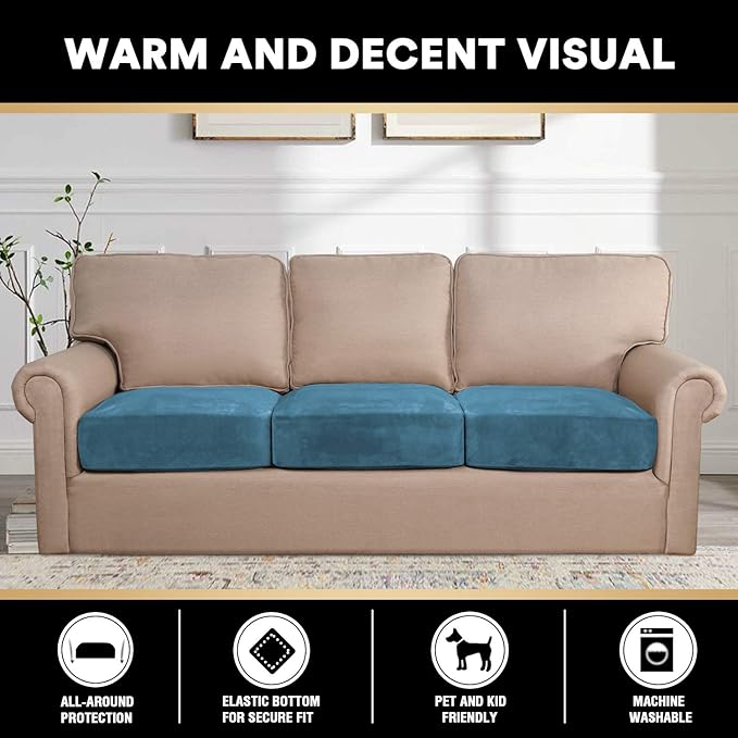 PrinceDeco Couch Cushion Covers, Stretch Washable Sofa Cushion Cover, Fitted Sofa Slipcover Velvet Fabric Non-Slip Furniture Protector for Dog,Pets, Kid (Each Width Up to 29.5