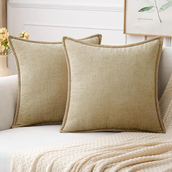 MIULEE Pack of 2 Couch Throw Pillow Covers 20x20 Inch Beige Farmhouse Decorative Pillow Covers with Stitched Edge Soft Chenille Solid Dyed Spring Pillow Covers for Sofa Bed Living Room