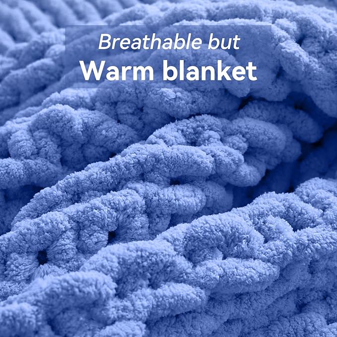 Chunky Knit Throw Blanket, 30''*40'' Knitted Throw Chenille Yarn for Bed Couch, Handmade Light Blue Crochet Big Thick Blanket, Machine Washable Cute Comfy Blanket for Home Decor