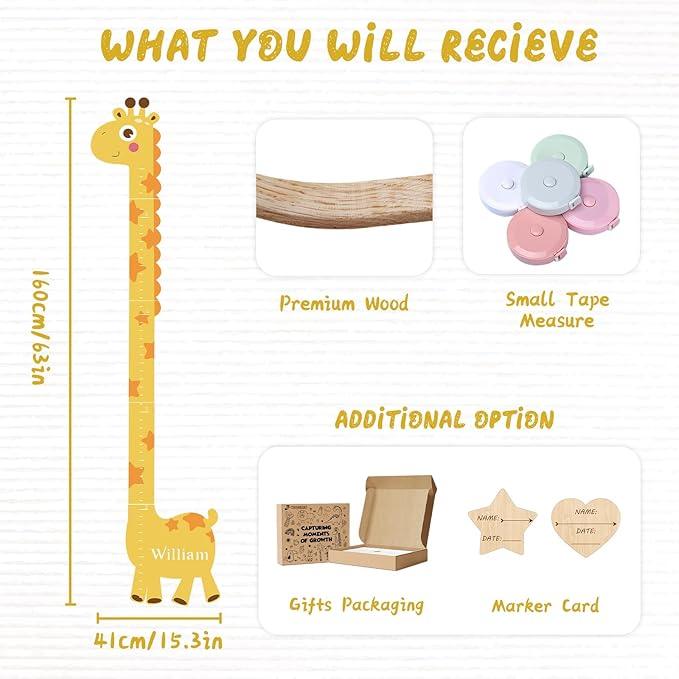 Personalized Name Growth Chart for Kids, Giraffe Height Chart for Boy Girls, Measuring Board for Kids Height, Patchwork Wooden Height Chart Measuring Board, Nursery Growth Chart Ruler