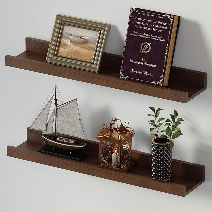 SAUMONIERES Picture Ledge Shelf Floating Book Shelves Set of 2 Wall Mounted Solid Wood for Bedroom Bathroom Living Room Kitchen, 24 Inch Walnut