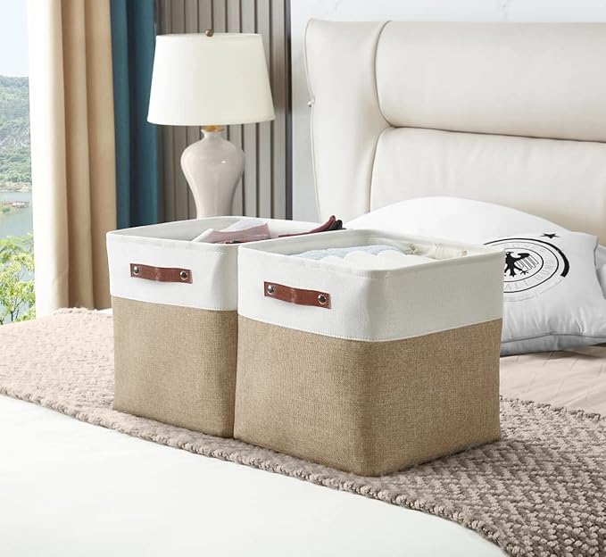 DECOMOMO Storage Cubes, 12x12 Storage Bins, Baskets for Shelves (Beige & White, Cube 12