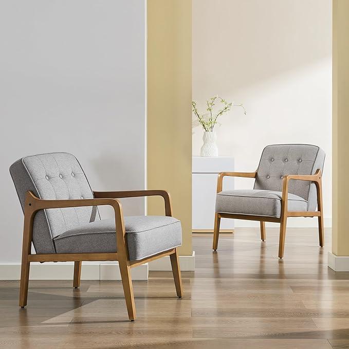 Linen Accent Chair, Mid Century Modern Chair for Living Room, Upholstered Comfy Lounge Armchair with Solid Wood Frame, Reading Side Chair for Bedroom,105°Ergonomic Comfort, Grey