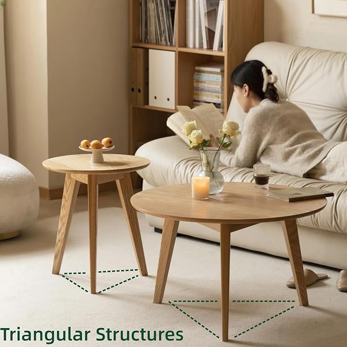 100% Solid Oak Wood Mini Coffee Table, Round Living Room Table Side Table w/Solid Wood Legs, Walnut Mid Century Sturdy Tables for Bedroom Balcony Living Room (23.62