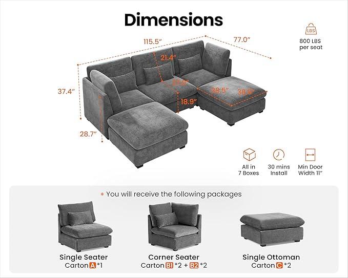 Oversized Modular Sofa, Extra Deep Cloud Chenille Sectional Couch with Ottoman Chaise, Fluffy Chenille 5 Seater Sofa Bed for Living Room, Villa (U Shape 5 Seater, Chenille Grey)