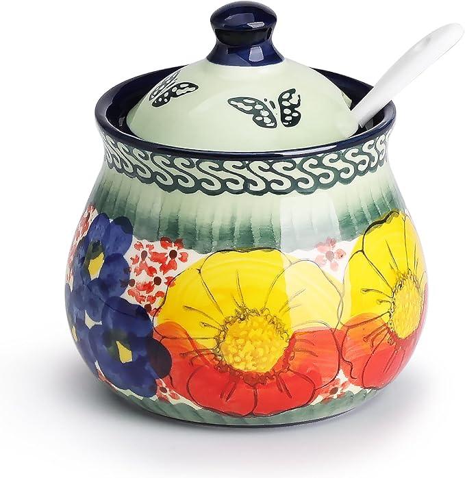 silesia Handmade Sugar Bowl with Lid and Spoon, 9 Ounce Ceramic Hand-Painted Sugar Jar for Home in Gift Box, Kitchen Decor, Oven, Dishwasher & Microwave Safe, Glazed Green