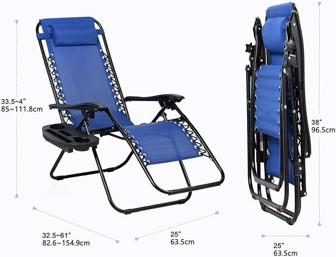 Nazhura Set of 2 Relaxing Recliners Patio Chairs Adjustable Steel Mesh Zero Gravity Lounge Chair Beach Chairs with Pillow and Cup Holder (Blue)