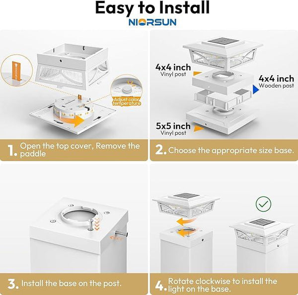 NIORSUN Solar Post Cap Lights Outdoor, 2 Modes LED, Deck Fence Post Solar Lights for 3.5x3.5 4x4 5x5 Post Caps Patio Garden Decoration, Solar Post Lights Warm White/Cool White Lighting White 12 Pack