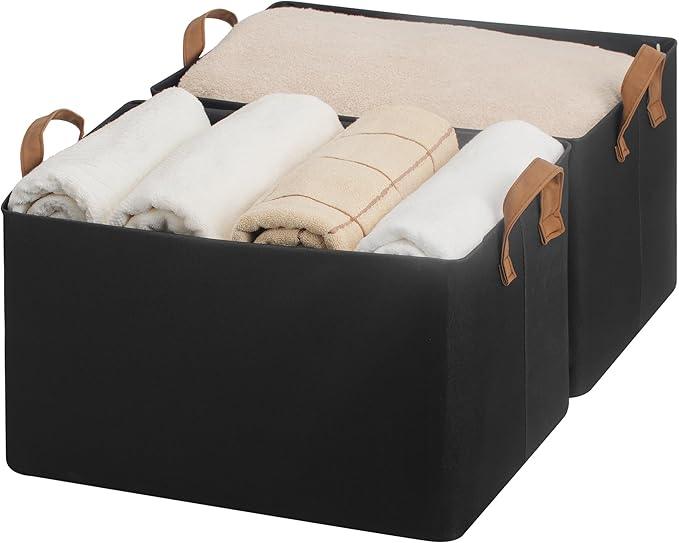 StorageWorks Storage Bins, Fabric Storage Bins for Shelves, Extra Large Storage Baskets with Metal Frame, Closet Baskets and Bins with Handles, Jumbo, Black, 2-Pack