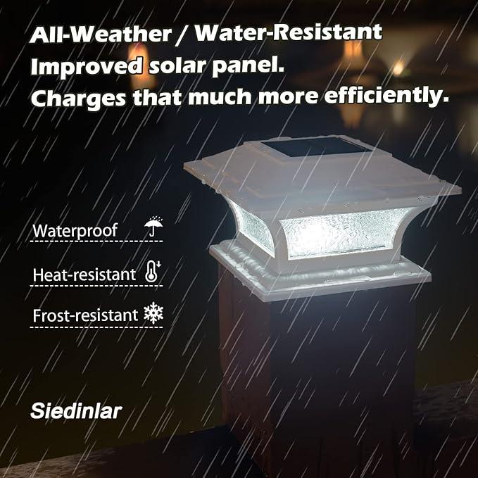 SIEDiNLAR Solar Post Lights Outdoor Glass LED Fence Cap Light 2 Modes for 4x4 5x5 6x6 Posts Deck Patio Garden Decoration Warm White/Cool White Lighting White (4 Pack)