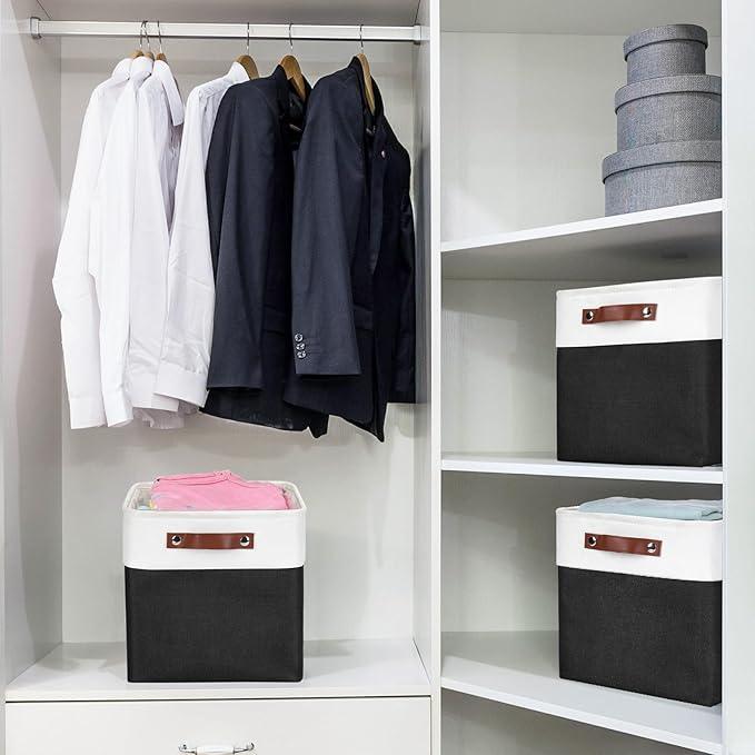 Collapsible Fabric Storage Cubes 11x11 Cube Storage Bins, 4 Pack Closet Baskets Box with Handles for Organizing, Shelf, Toys, Clothes, Home, Office, Nursery (Black&White)