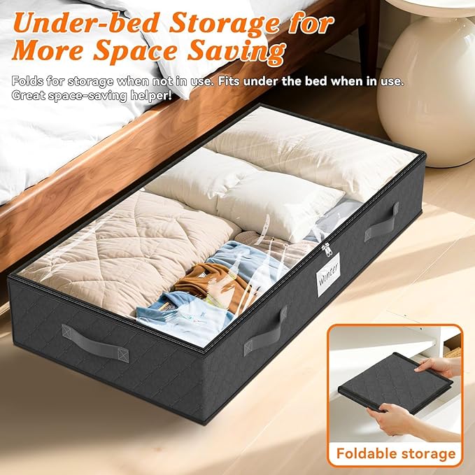 SpaceWhisper 90L Under Bed Storage Containers, 8-Pack Storage Bins with Clear Top, Foldable Closet Organizers and Storage with Label Holder for Clothing, Blankets, Comforter & Pillows (Grey)