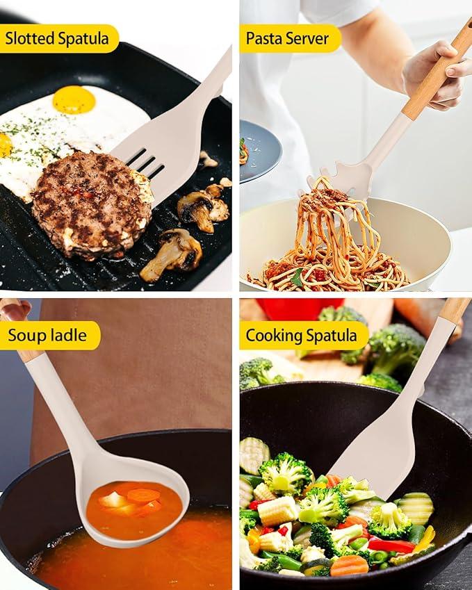 Silicone Kitchen Utensil Set for Non Stick Cookware, 7 Pcs Heat Resistant Cooking Utensils with Wooden Handle, BPA Free Kitchen Tools with Spatulas, Spoons, Skimmer and Pasta Fork (KHAKI)