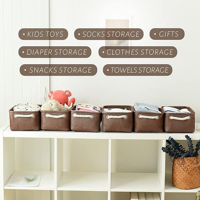 TheWarmHome Storage Basket for Organizing - 12x8x5 inch Small 6 Pack Collapsible Storage Bin for Shelves with Handles, Canves Storage Box for Cloth Closet Organizer Gift Toy (Brown)