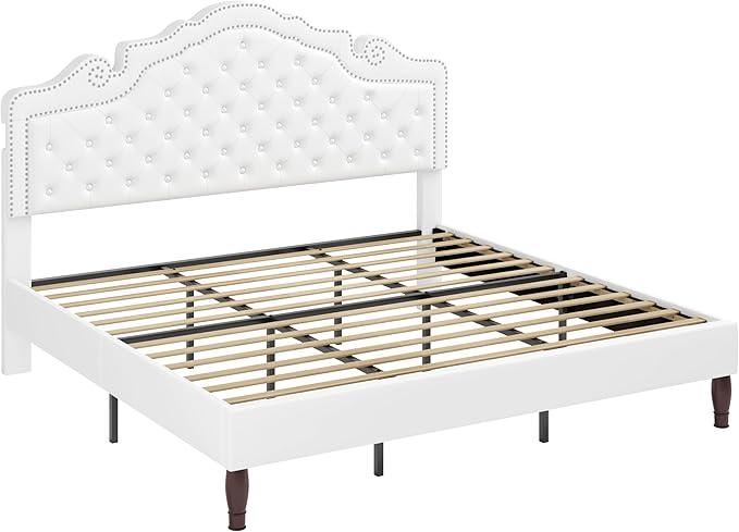 Allewie King Bed Frame with Adjustable Velvet Tiara Headboard, Upholstered Diamond Button Tufted Platform Bed, Wood Slats Support, No Box Spring Needed, Mattress Foundation, Easy Assembly, White