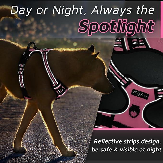 Eagloo Dog Harness for Large Dogs, No Pull Service Vest with Reflective Strips and Control Handle, Adjustable and Comfortable for Walking, No Choke Pet Harness with 2 Metal Rings, Pink, L