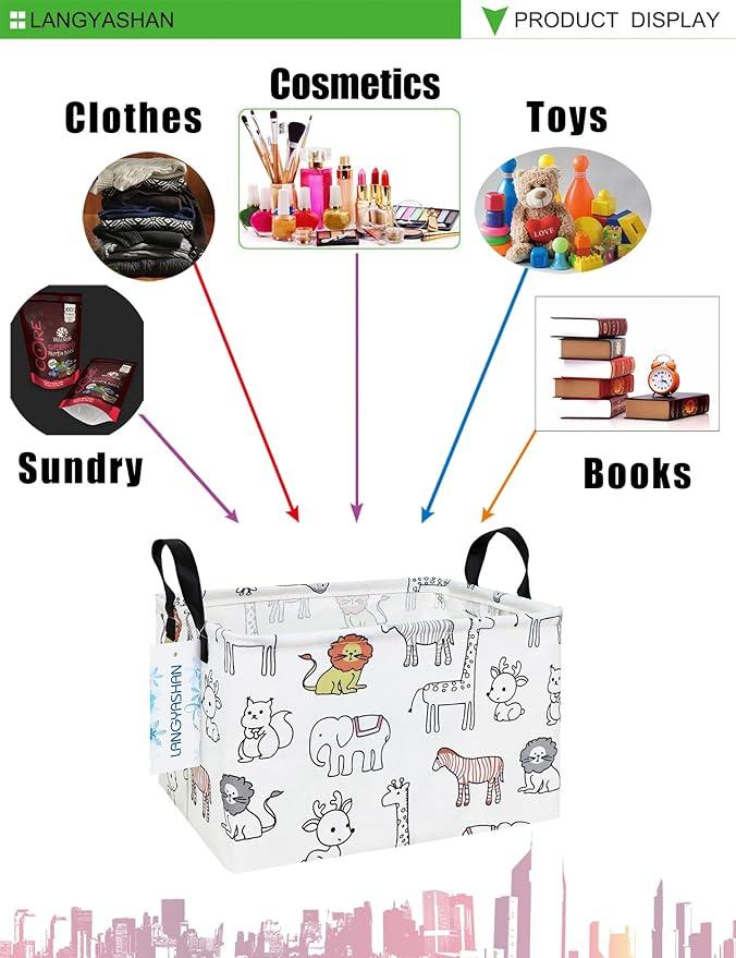 LANGYASHAN Rectangular Storage Bin Collapse Canvas Fabric Cartoon Storage Basket with Handles for Organizing Home Kitchen Boys and Girls Toys Office Closet Shelf Baskets (Rec Simplified Zoo)