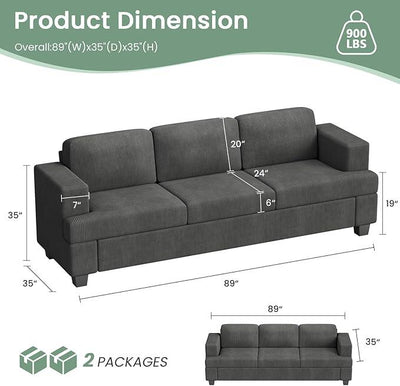 3 Seater Corduroy Couch for Living Room, 89” Black Cloud Sofa, Deep Seat Floor Couch for Bedroom, Futon Modern Sofa Sectional Bed, Black Corduroy